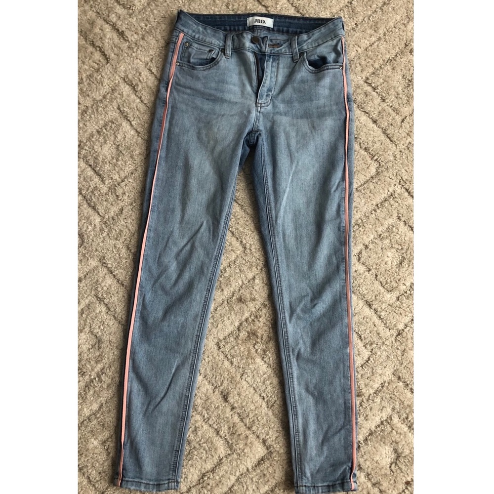 Light Wash Skinny Jeans with Pink Stripe